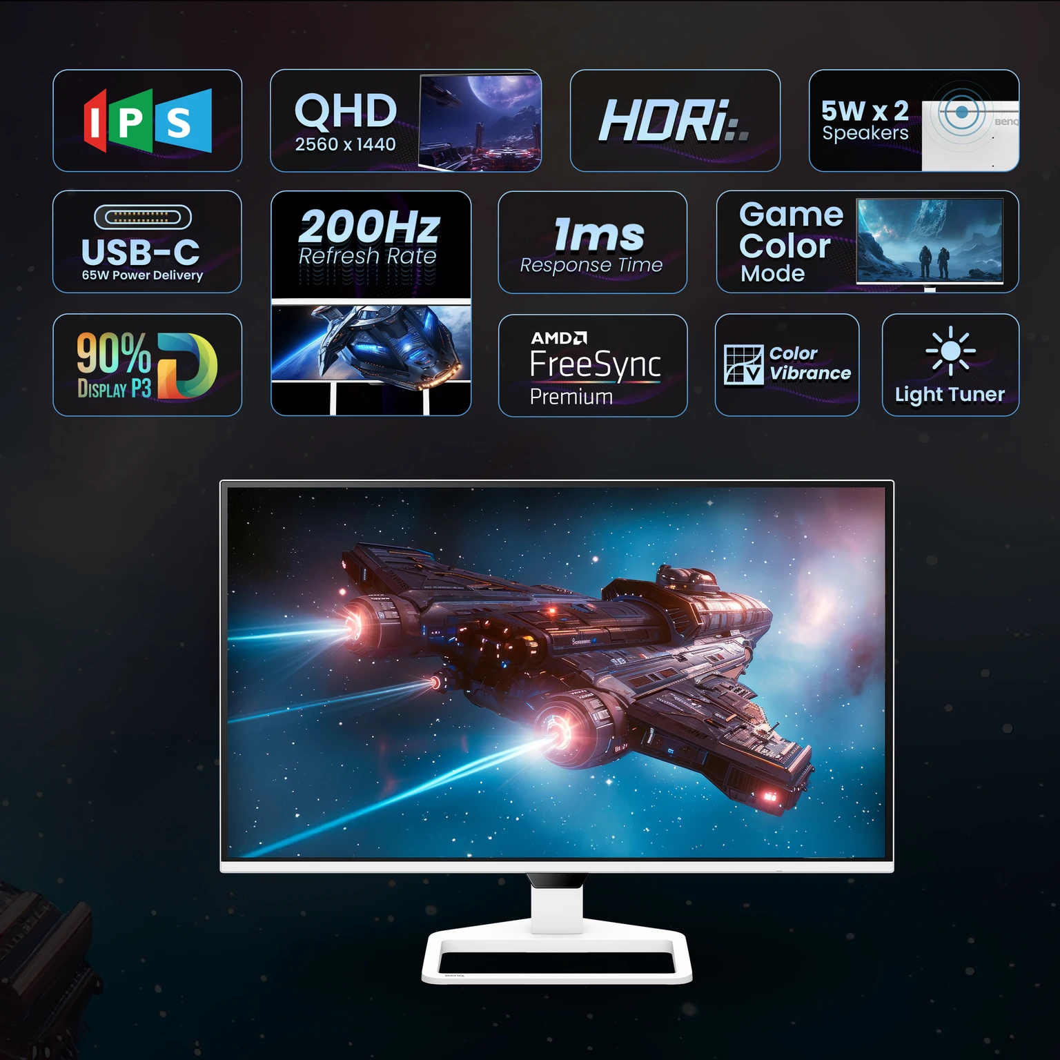 BenQ EW270Q 27" (68.58 cm) 2K QHD 200Hz IPS Gaming Monitor | HDRi|1200:1 Contrast|90% P3 Gamut|350 nits|Built-in-Speakers(5W X2)|AMD FreeSync Premium|USB-C (65 W), HDMI|Game Color Mode(White) Visit the BenQ Store