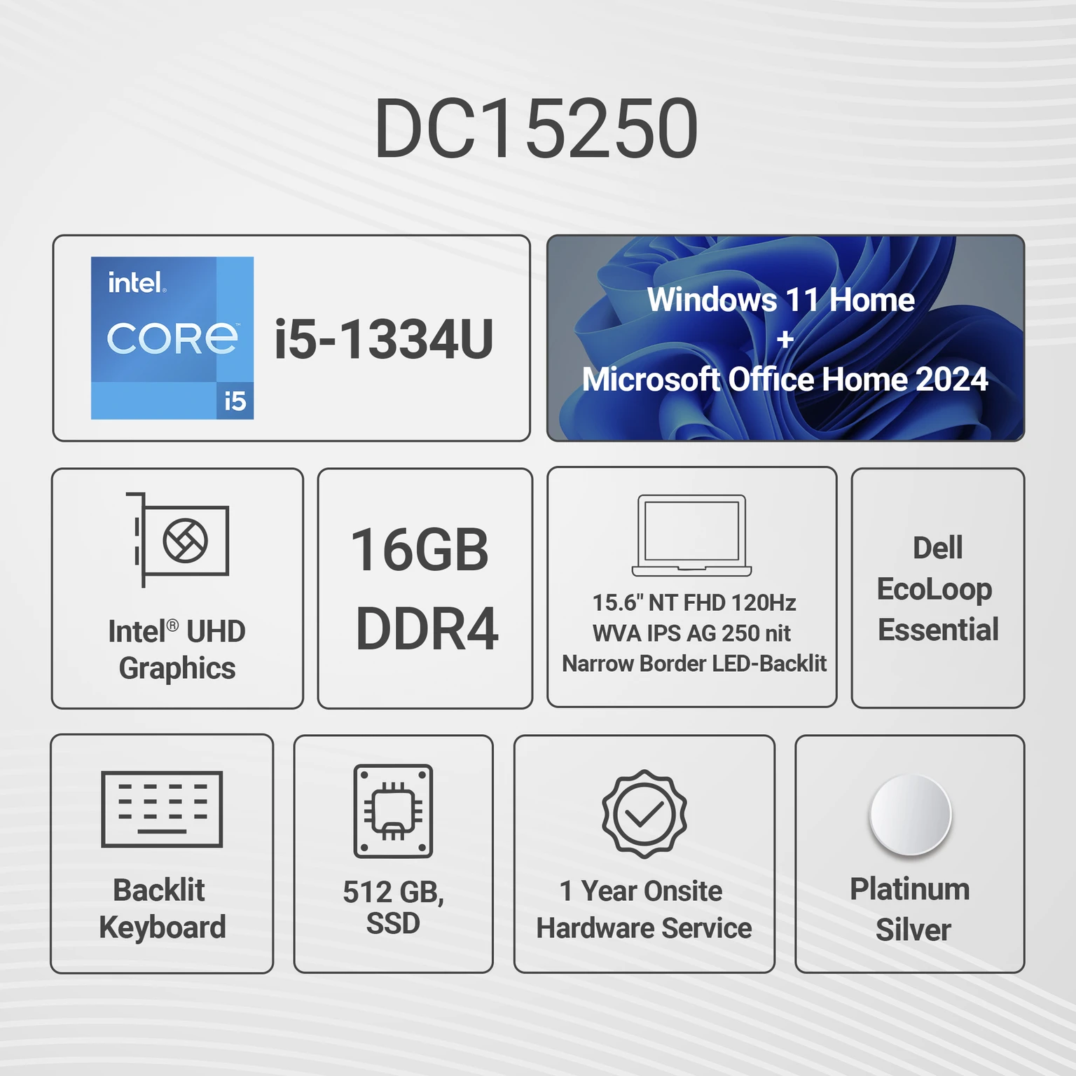 Dell DC15250, 15.6" (39.62 cm) FHD Laptop with Intel Core i5-1334U, 16GB RAM, 512GB SSD, 120Hz, 250 Nits Display, Wi-Fi 6, Windows 11 Home, MSO 11–Sleek, Fast & Reliable for Work, Study & Everyday Use
